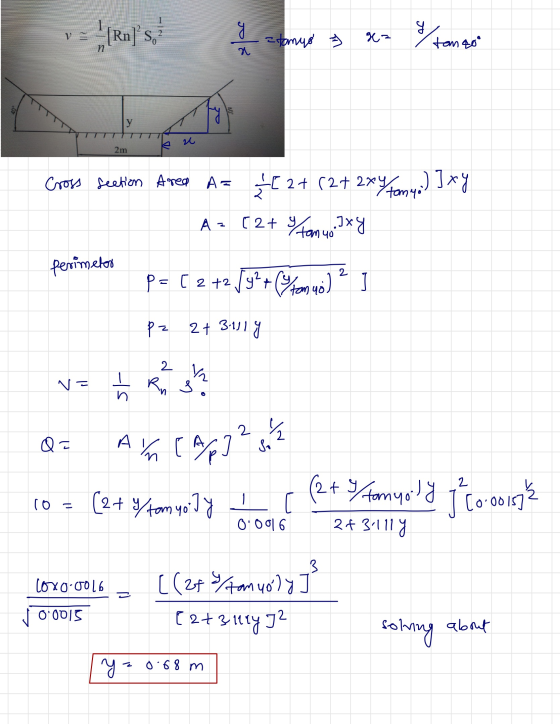 1 [Rin] s. 2 yles tanuo x- tango tom 40° у 2m Cross section Area A= /[ 2+ (2+ 2xy Tomyo) Ixy A = (2+ tom vo Tanyo Ixy perimet