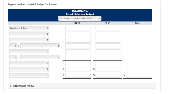 Prepare the direct materials budget for the year. DELEON INC. Direct Materials Budget For the Year Ending December 31, 2017 ,