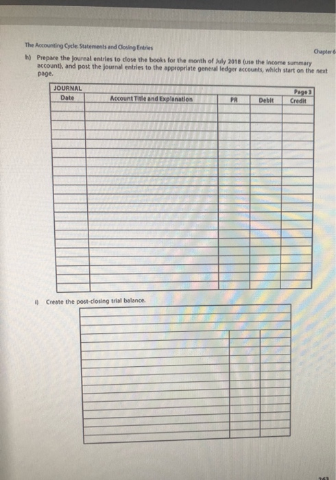 The Accounting Cyde Statements and Closing Entries Chapter h) Prepare the journal entries to close the books for the month of
