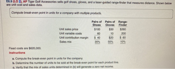 E6.9 (LO 2), AP Tiger Golf Accessories sells golf shoes, gloves, and a laser.guided range-finder that measures distance. Show