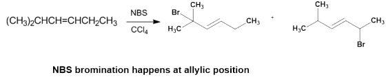 CH3 CH3 CH3 Br NBS CH3 HjC (CH3)2CHCH-CHCH2CH3 Нас CCl4 NBS bromination happens at allylic position