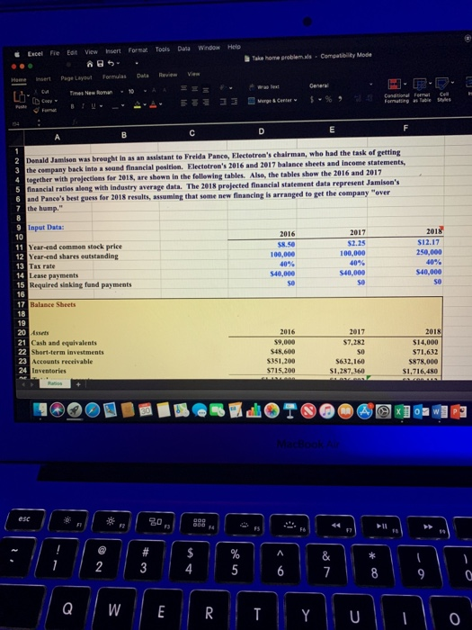 Excel Fie Eat View Insert Format Tools Data Window Helo Complbity Mode Take home problemais · Home Insert Page Layout Formula