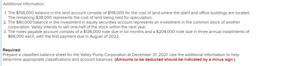 Additional Information: 1. The $156,000 balance in the land account consists of $118,000 for the cost of land where the plant