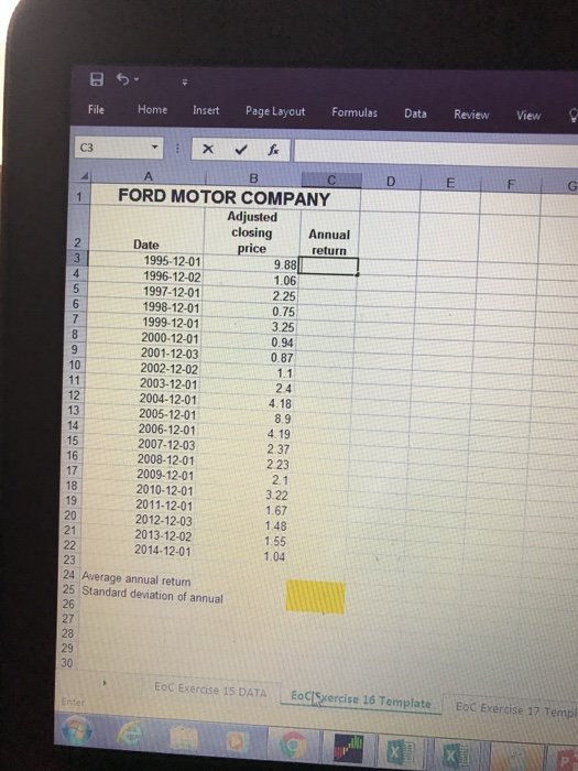 so Home File Insert Page Layout Formulas Data Review View D E C FORD MOTOR COMPANY Adjusted closing Annual Date price return