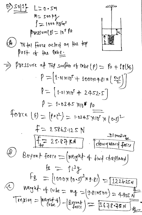 L=0.sm M=5ooky osof2} L=0.5 f = 1000 kg/m Pressurel = 105 pa A To dal force octed on the top part of the Eube → Pressure of T