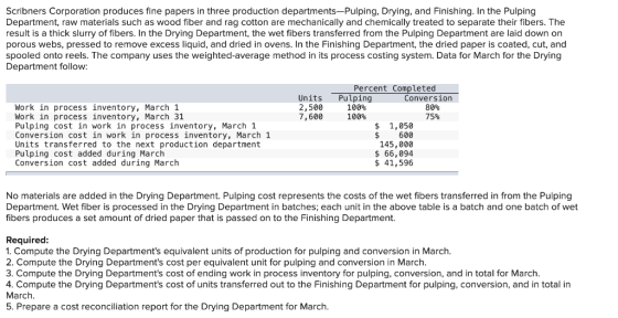Scribners Corporation produces fine papers in three production departments-Pulping, Drying, and Finishing. In the Pulping Dep