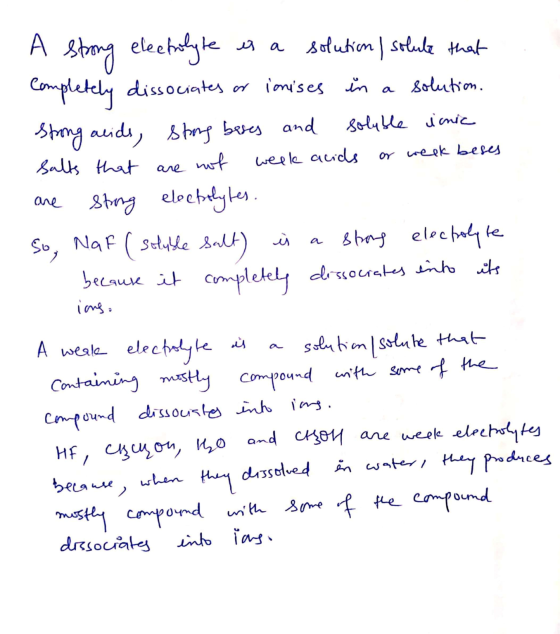 A strong electrolyte es a solution / solute that completely dissociates or ionises in a solution. Strong aids, stong beses an