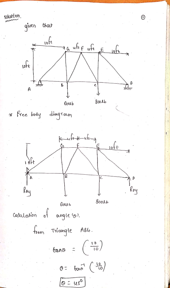 soluHon. given that uft F ufe 800.lb Goodb * Free body diagram A. Roy Pay 800lb Goalb of Calulation angle o. from Trangle AB