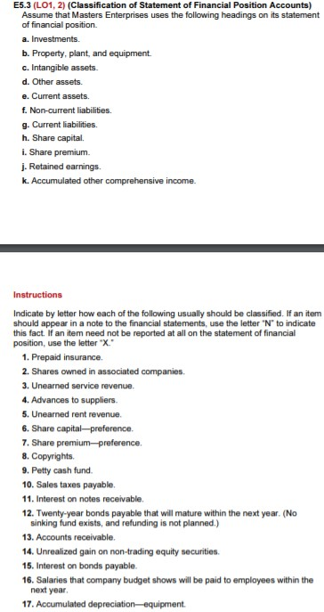 E5.3 (L01, 2) (Classification of Statement of Financial Position Accounts) Assume that Masters Enterprises uses the following