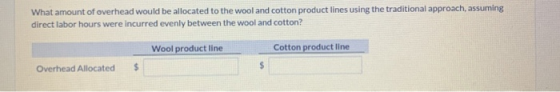 What amount of overhead would be allocated to the wool and cotton product lines using the traditional approach, assuming dire