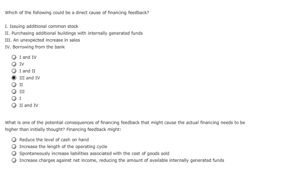 Which of the following could be a direct cause of financing feedback? I. Issuing additional common stock II. Purchasing addit