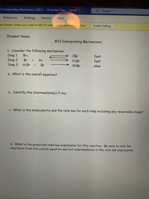 13 Interpreting Mechanisms S20(1) - Protected View - Saved - Search References Mailings Review View ain viruses. Unless you n