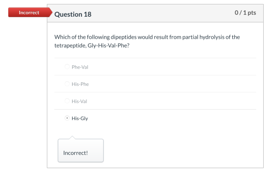 Incorrect Question 18 0/1 pts Which of the following dipeptides would result from partial hydrolysis of the tetrapeptide, Gly