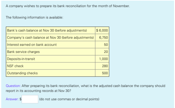 A company wishes to prepare its bank reconciliation for the month of November The following information is available: Banks