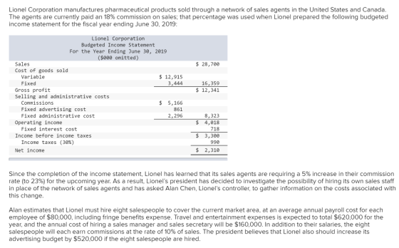 Lionel Corporation manufactures pharmaceutical products sold through a network of sales agents in the United States and Canad