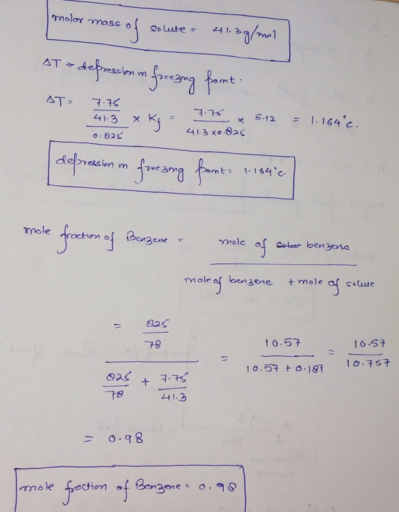 molor mass of solute = 44. 2g/mat AT - defraison m frusng font ST 75 x ky 77X512 = 1.164c. deprestan m forecano font: 1.1640