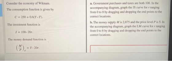 Consider the economy of Wiknam. The consumption function is given by C = 250+ 0.6(Y-T). a. Government purchases and taxes are