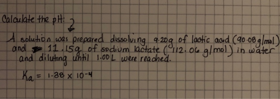 Calaulate the pH of lactic acid (90 08glml A soluhon was prepared dissoluing and 11.15a of sodium lactate (12.0 almol in wate