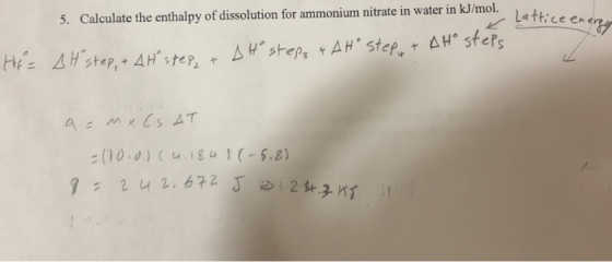 5. Calculate the enthalpy of dissolution for ammonium nitrate in water in kJ/mol. Lattice energy the At step, + Alt step, + A