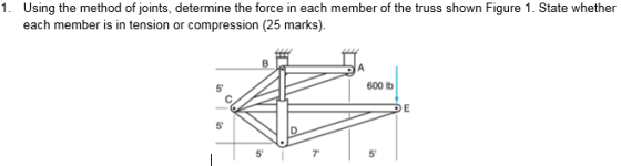 1. Using the method of joints, determine the force in each member of the truss shown Figure 1. State whether each member is in tension or compression (25 marks). 5 600 Ib 5 7 5