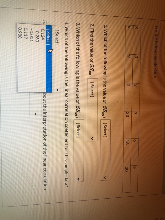 For the below sample data: Х 3 2 z 6 9 9 2 23 16 30 1. Which of the following is the value of SSQy? [Select) 2. Find the valu