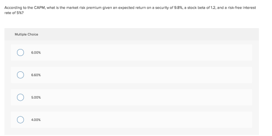 According to the CAPM, what is the market risk premium given an expected return on a security of 9.8%, a stock beta of 1.2, a