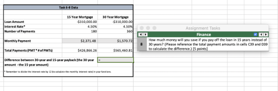 Task 6-8 Data 15 Year Mortgage 30 Year Mortgage Loan Amount Interest Rate Number of Payments $310,000.00 4.50% 180 $310,000.00 4.50% 360 Assignment Tasks Finance How much money will you save if you pay off the loan in 15 years instead of 30 years? (Please reference the total payment amounts in cells C39 and D39 to calculate the difference.) [5 points] Monthly Payment $2,371.48 $1,570.72 8 Total Payments (PMT * # of PMTs) $426,866.26 $565,460.81 Difference between 30-year and 15-year payback (the 30 year amount -the 15 year amount) Remember to divide the interest rate by 12 (to calculate the monthly interest rate) in your functions.