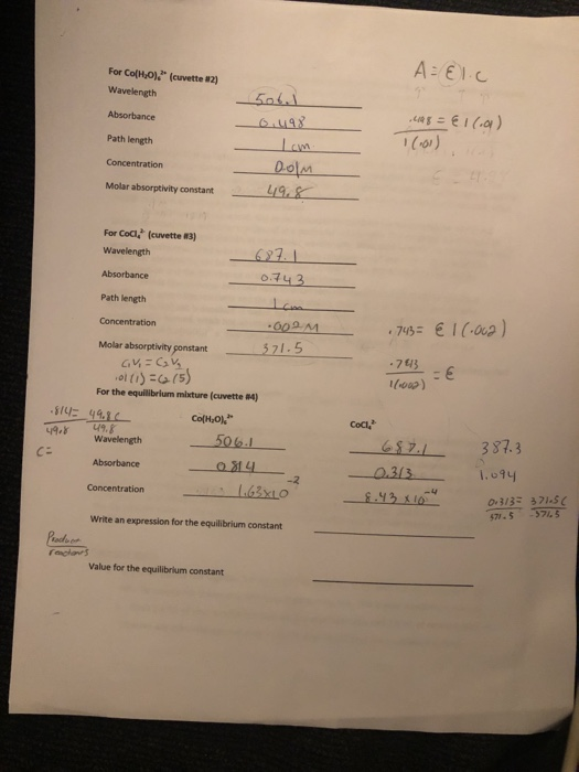 For ColH,0). (cuvette 2) Wavelength A=El.c Absorbance 0.498 105 = € 1 (0) (1) Path length Concentration Molar absorptivity co
