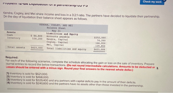 LILLAH WULA PIOVIENI IZUA LiquidLII VI a partTED Lur Kendra, Cogley, and Mei share income and loss in a 3:2:1 ratio. The part