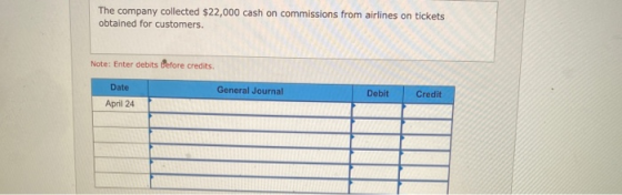 The company collected $22,000 cash on commissions from airlines on tickets obtained for customers. Note: Enter debits Before