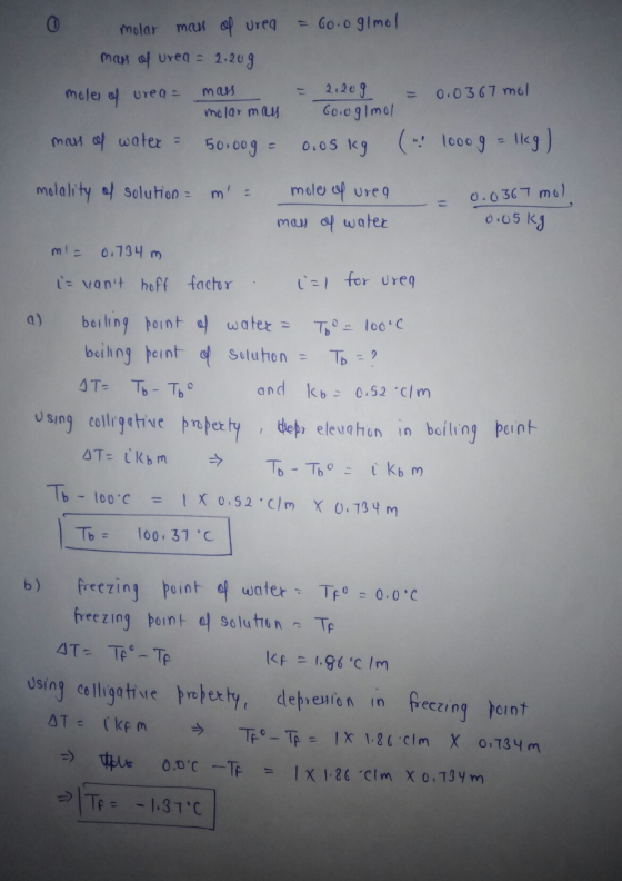 = 60.0 g/mol molar mass of urea max of uren = 2.209 moles of urea = mass molar may mass of water = 50.00g = = 2,209 = 0.0367