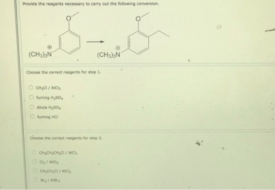 Provide the reagents necessary to carry out the following conversion. (CH3)3N (CH3)3N Choose the correct reagents for step 1