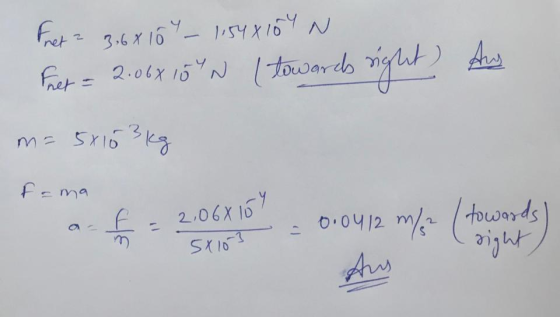 Fretz 3,6810 _ 1,548104 N Fret = 2:06x 150 N (towards right, Aw m= 5x10 3 kg fama 64 a che 2.06810 5X10 ] . 0.0412 m/ (towa