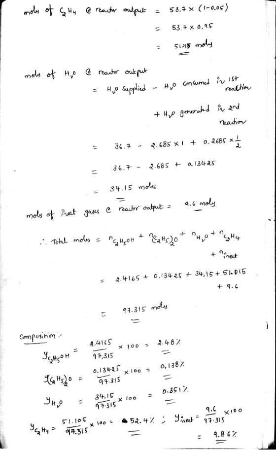 moles of S Hy @ reactor output = 58.7 x (1-0.05) - 53.7 x 0.95 = 51.0195 moly moly of Ho @ reactor output in ist = Hjo suppli
