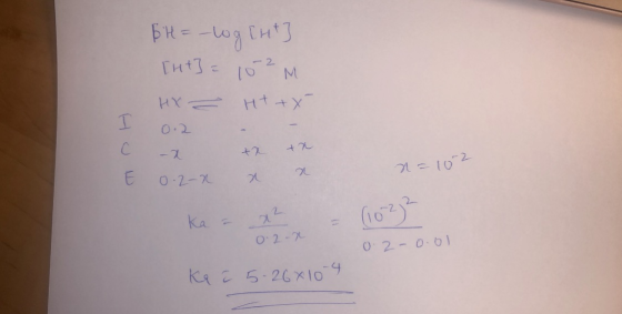 BH = -log[ht] THt] = 102 M HX - Ht ty 0.2 - -x x o 0.2-2 & a I C n=102 ka = x2 - (1622 0.2-8 0.2-0.01 Kač 5-26x10-4