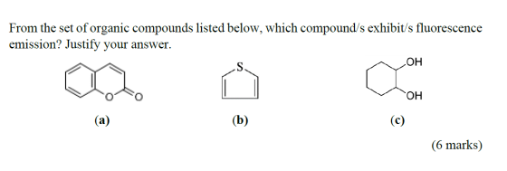 From the set of organic compounds listed below, which compound/s exhibit/s fluorescence emission? Justify your answer. (6 mar