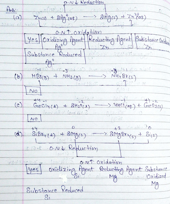 ONI Reduction, - Ans (a) Znish + ang tal) —> 8Ages) + Zn 2402) to ON I. oxidation Lyes) Oxidizing Agent Reducting Agent Subst