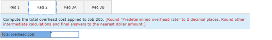 Reg 1 Reg 2 Req ЗА Reg 3B Compute the total overhead cost applied to Job 205. (Round Predetermined overhead rate to 2 decim