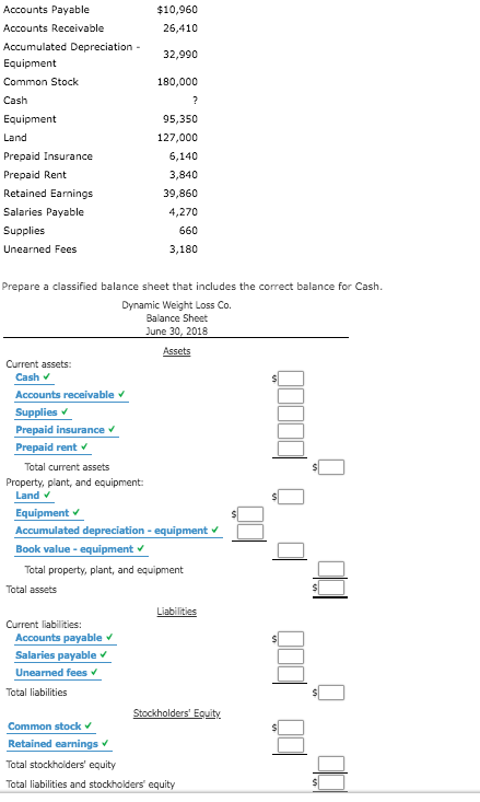 $10,960 26,410 32,990 180,000 Accounts Payable Accounts Receivable Accumulated Depreciation - Equipment Common Stock Cash Equ