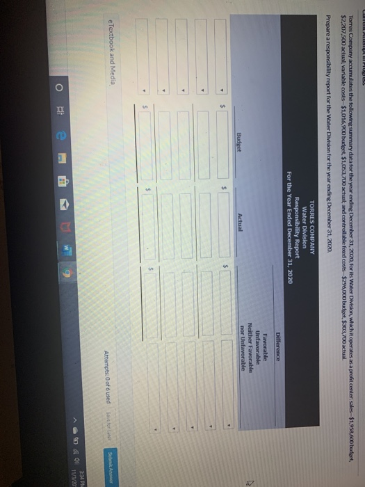 CUTERALLS PIUg Torres Company accumulates the following summary data for the year ending December 31, 2020, for its Water Div