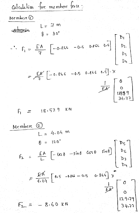 calculation fore me mbese force Member L-7 m { EA 0.8660 -015 D2 (-0.866 615 fi 7 Da Du EA (-0.866 -0.5 0.866 0.6]. 0 EA 124.
