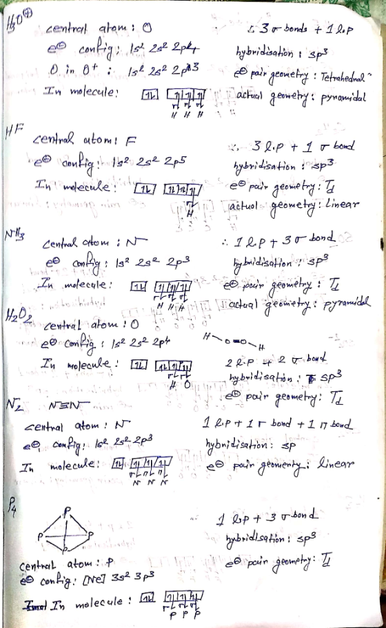 JU ho central alom : o config, 15 292 2pk4 O in of : 1st 26² 2p23 In molecule: Il Gu 53 m bonds + 1 lop hybridisation sp3 @ p