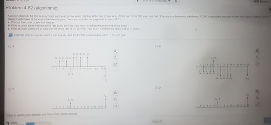 5 of 16 (4 complele) HW Score: Problem 4-62 (algorithmic) A person deposits $3,000 in an account each year for five years (st