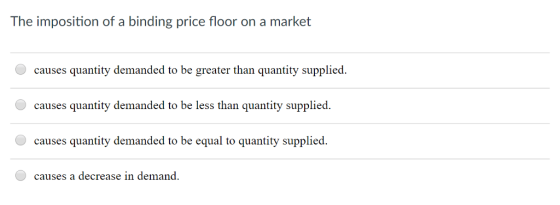 The imposition of a binding price floor on a market causes quantity demanded to be greater than quantity supplied causes quantity demanded to be less than quantity supplied. causes quantity demanded to be equal to quantity supplied causes a decrease in demand.