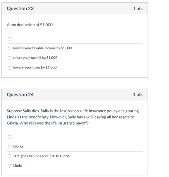 Question 23 1 pts A tax deduction of $1,000: lowers your taxable income by $1,000 raises your tax bill by $1,000 lowers your