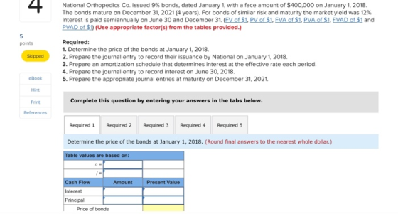 National Orthopedics Co. issued 9% bonds, dated January 1, with a face amount of $400,000 on January 1, 2018 The bonds mature