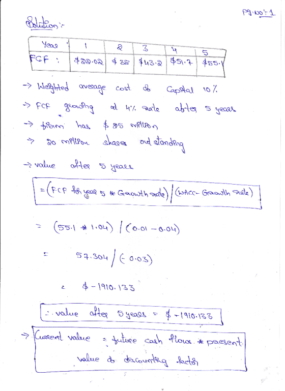 pq no 1 Solution: Year of a T3 T4 T5 FGF ; $22.02 $38 $43.2 $51.7 $55.Y - Weighted average cost of capstal 10% > FR growing a