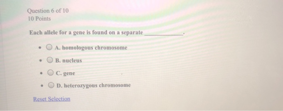 Question 6 of 10 10 Points Each allele for a gene is found on a separate • O A. homologous chromosome • O B. nucleus • O C. g