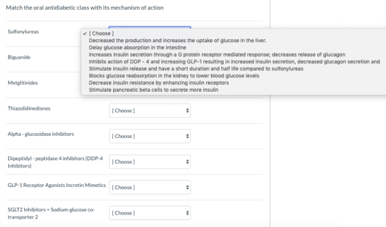 Match the oral antidiabetic class with its mechanism of action Sulfonylureas [Choose Decreased the production and increases t