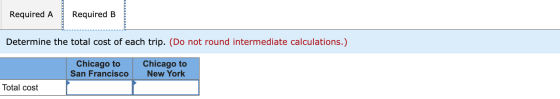 Required A Required B ------ Determine the total cost of each trip. (Do not round intermediate calculations.) Chicago to San
